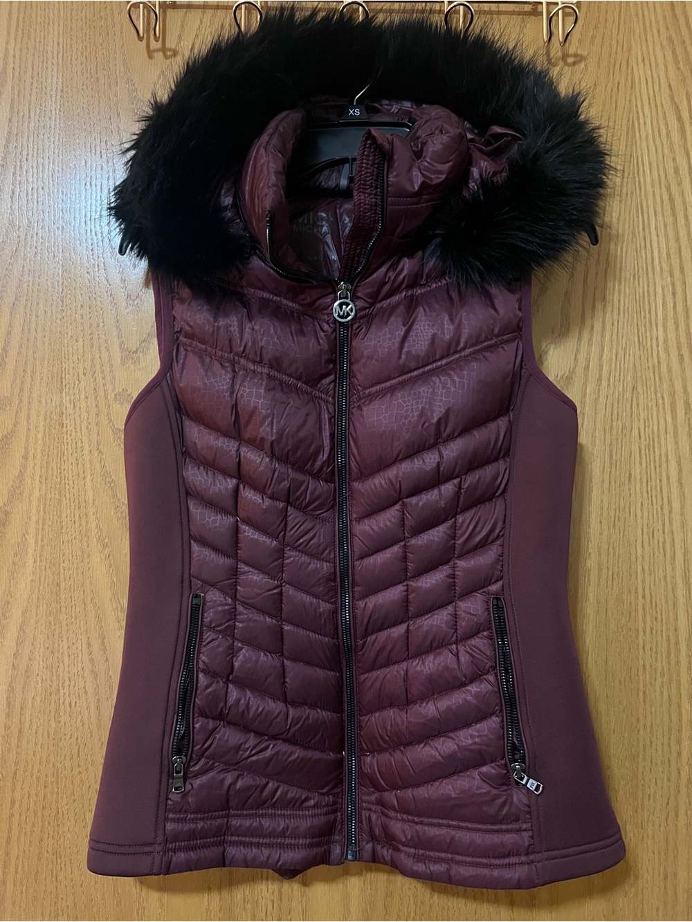 Michael Kors Maroon Quilted Puffer Vest with Black Faux Fur Hood